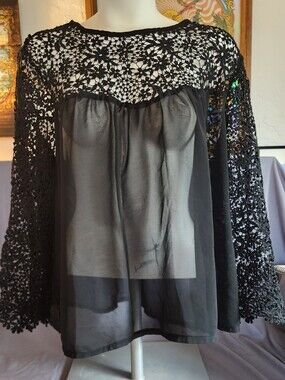 Zanzea Black Sheer Lace Yoke Long-Sleeve Blouse